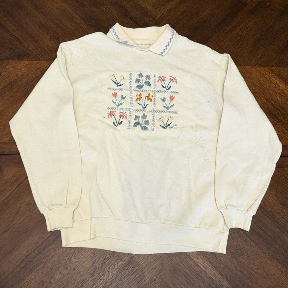 Vintage Floral Collared Sweatshirt Cream Wildflower Graphic Pullover Large